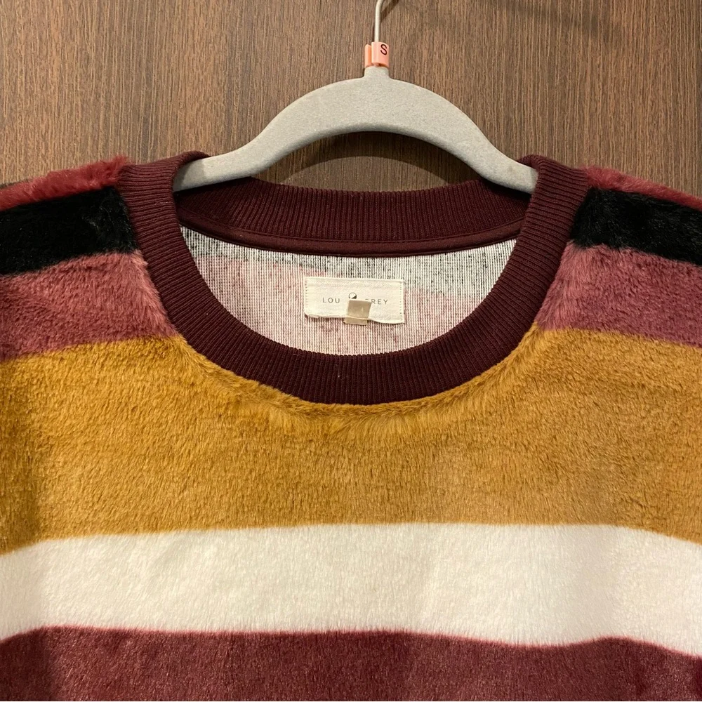 Lou‎ & Gray Faux Fur Striped Pullover Sweater Size Large Crewneck Ribbed Trim - Picture 4 of 14